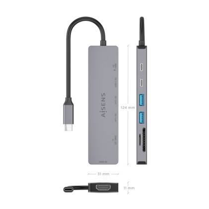 AISENS ASUC-7P048-GR replicatore di porte e docking station per laptop Cablato USB 3.2 Gen 1 (3.1 Gen 1) Type-C Grigio