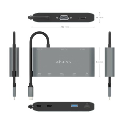 AISENS ASUC-8P010-GR replicatore di porte e docking station per laptop Cablato USB 3.2 Gen 1 (3.1 Gen 1) Type-C Grigio