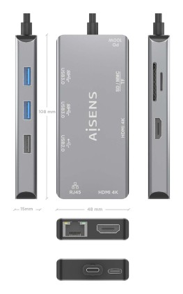 AISENS ASUC-9P018-GR replicatore di porte e docking station per laptop Cablato USB 3.2 Gen 1 (3.1 Gen 1) Type-C Grigio