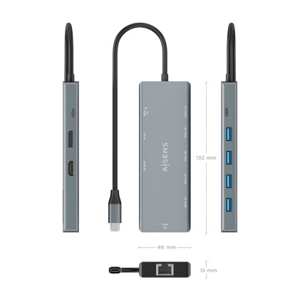 AISENS ASUC-9P051-GR replicatore di porte e docking station per laptop Cablato USB 3.2 Gen 1 (3.1 Gen 1) Type-C Grigio