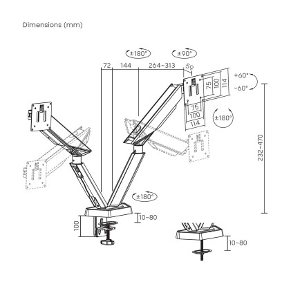 AISENS DT38TSR-345 Supporti a parete per TV 96,5 cm (38") Scrivania Nero, Bianco