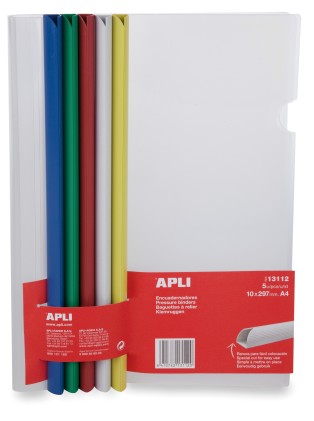 Apli Raccoglitori Scorrevoli in Colori Assortiti 10x297mm con Copertina Trasparente - Fessura per Facile Inserimento di Fogli - Confezione da 5 con una Capacità di 100 Fogli
