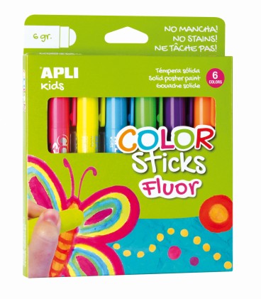 Apli Color Sticks Tempera Solida Fluorescente - Confezione da 6 Unità da 6g - Finitura Satinata senza Bisogno di Vernice - Asciugatura Rapida in Meno di 3 Minuti - Effetto Cera o Tempera a Seconda della Pressione