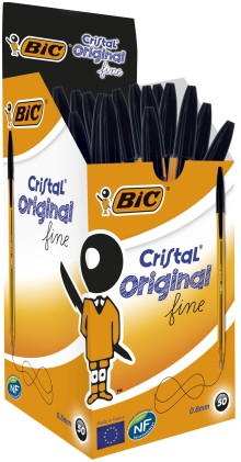Penna a sfera fine originale Bic Cristal - Punta tonda da 0,8 mm - Tratto 0,30 mm - Inchiostro a base di olio - Traslucido - Colore nero