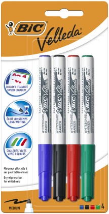 BIC Velleda, Marcatori Cancellabili per Lavagna, Colori Assortiti (Punta Media), Confezione da 4