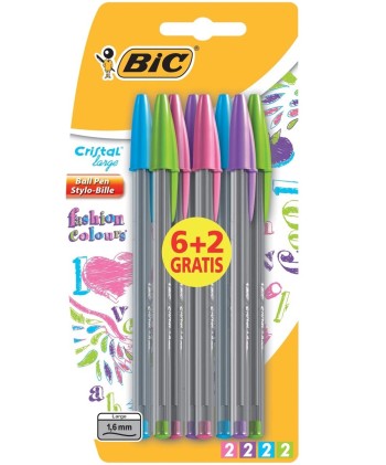 BIC Cristal Large Fashion Colours Blu, Verde, Rosa, Porpora Penna a sfera 8 pz