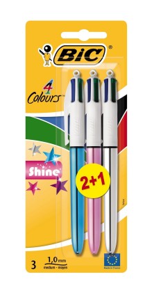BIC 4 Colours Shine Nero, Blu, Rosso, Verde Medio 3 pz