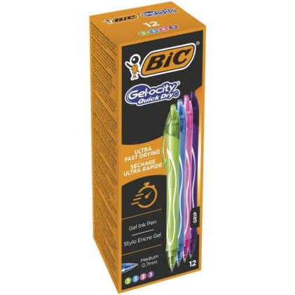 Bic Gel-Ocity Quick Dry Confezione da 12 Penne Gel Retrattili - Punta Media 0,7 mm - Inchiostro Gel - Resistente alle Sbavature - Asciugatura Ultra Rapida - Colori Assortiti