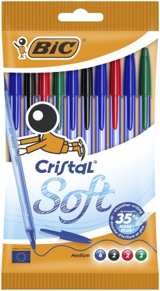 BIC Cristal Soft, Penne a Sfera in Colori Assortiti (Punta 1.2mm), Confezione da 10
