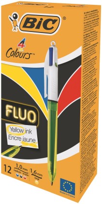 BIC 4Colours Fluo Penna retrattile a clip Nero, Blu, Rosso, Giallo