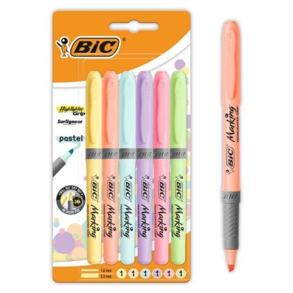 Bic Highlighter Grip Confezione da 6 pennarelli pastello fluorescenti - Inchiostro a base d acqua - Punta a scalpello - Tratto tra 1,60 e 3,30 mm - Colori assortiti