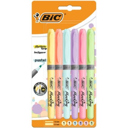 Bic Highlighter Grip Confezione da 6 pennarelli pastello fluorescenti - Inchiostro a base d acqua - Punta a scalpello - Tratto tra 1,60 e 3,30 mm - Colori assortiti
