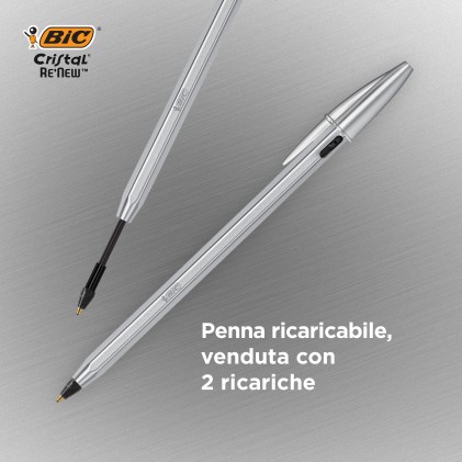 Bic Cristal Re&acute;new Confezione di Penna a Sfera Ricaricabile + 2 Ricariche - Punta Tonda da 1,0 mm - Corsa 0,32 mm - Inchiostro a Base di Olio - Corpo Metallico - Colore Blu