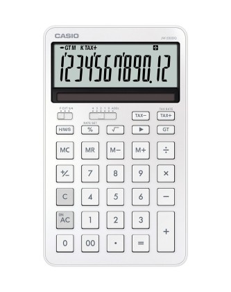 Calcolatrice da tavolo compatta Casio JW-200DQ con display LCD a 12 cifre - Calcola tasse, percentuali, radici quadrate, ecc. - Alimentazione solare e a batteria - Bianca