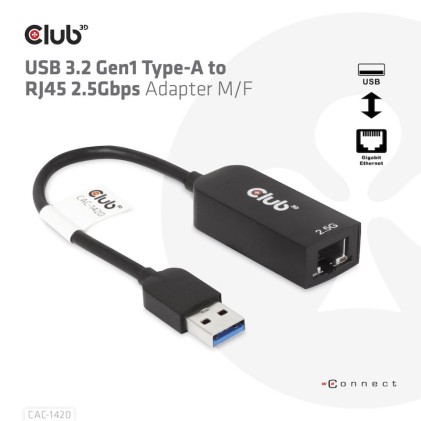 Club3D Adattatore Usb 3.2 Gen1 Type A To Rj45 2.5Gbps