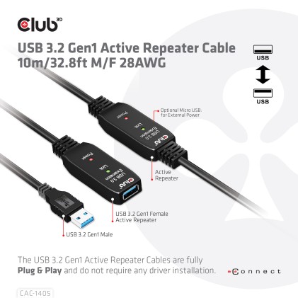 Club3D Cavo Usb Type A Gen 1 Active Repeater 10Meter / 30Ft Supports Up To 5Gbps