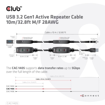 Club3D Cavo Usb Type A Gen 1 Active Repeater 10Meter / 30Ft Supports Up To 5Gbps