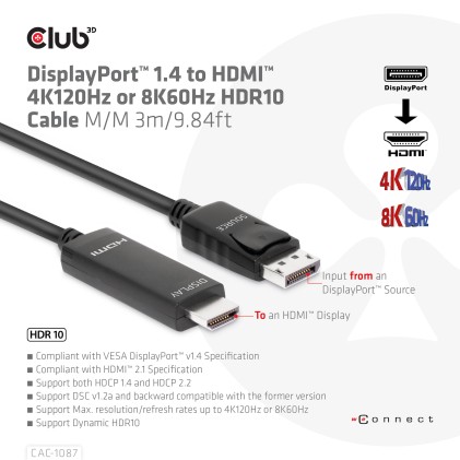 Club3D Cavo Displayport 1.4 To Hdmi 4K144Hz Or 8K60Hz Hdr10 3M M/M