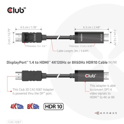 Club3D Cavo Displayport 1.4 To Hdmi 4K144Hz Or 8K60Hz Hdr10 3M M/M