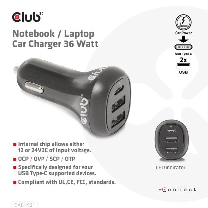 Club3D Caricatore Da Auto Notebook / Laptop 36 Watt/ 2Usb A + 1Usb C