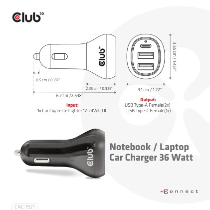 Club3D Caricatore Da Auto Notebook / Laptop 36 Watt/ 2Usb A + 1Usb C