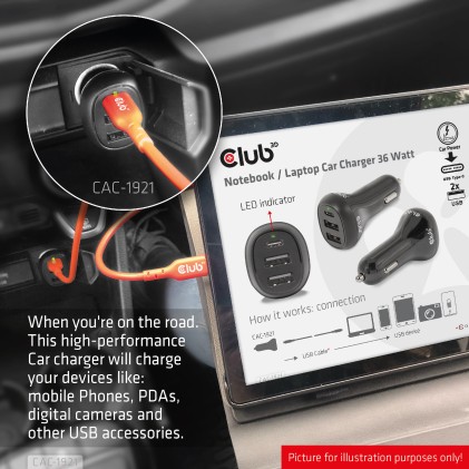 Club3D Caricatore Da Auto Notebook / Laptop 36 Watt/ 2Usb A + 1Usb C