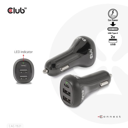 Club3D Caricatore Da Auto Notebook / Laptop 36 Watt/ 2Usb A + 1Usb C