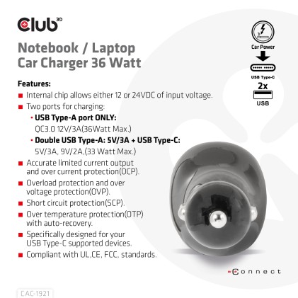 Club3D Caricatore Da Auto Notebook / Laptop 36 Watt/ 2Usb A + 1Usb C