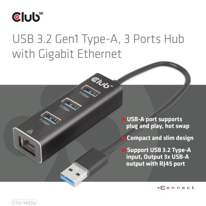 Club3D Hub Usb 3.2 Gen1 Type A 3-Ports Gigabit Ethernet
