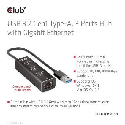 Club3D Hub Usb 3.2 Gen1 Type A 3-Ports Gigabit Ethernet