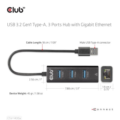 Club3D Hub Usb 3.2 Gen1 Type A 3-Ports Gigabit Ethernet