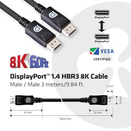 Club3D Displayport 1.4 Hbr3 Cable Male / Male 3 Meters /9.84Ft