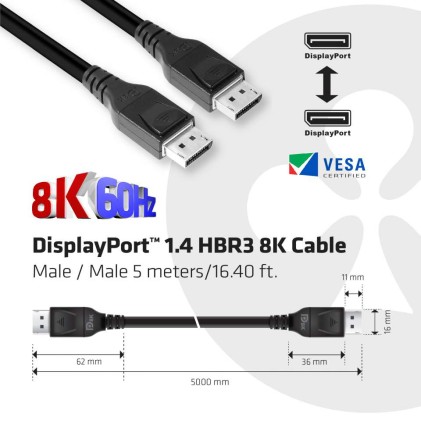 Club3D Displayport 1.4 Hbr3 Cable Male / Male 5 Meters/16.40Ft 8K @60Hz   28Awg