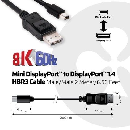 Club3D Mini Displayport To Displayport 1.4 Hbr3 Cable Male/Male 2 M/6.56 Ft