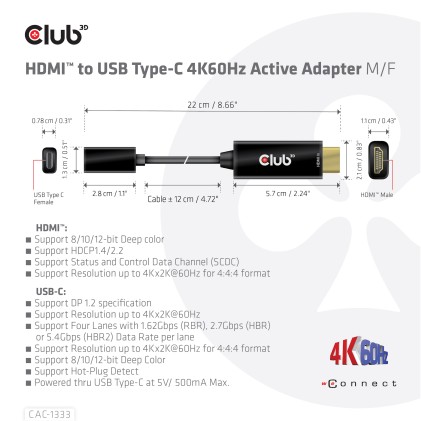 Club3D Adattatore Hdmi 2.0 To Usb C 4K 60Hz M/F