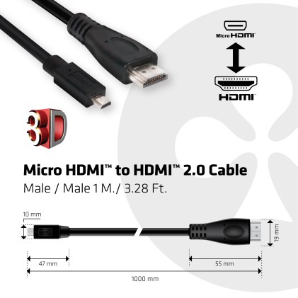 Club3D Cavo Micro Hdmi To Hdmi 2.0 4K60Hz, Male/Male 1M/3.28Ft