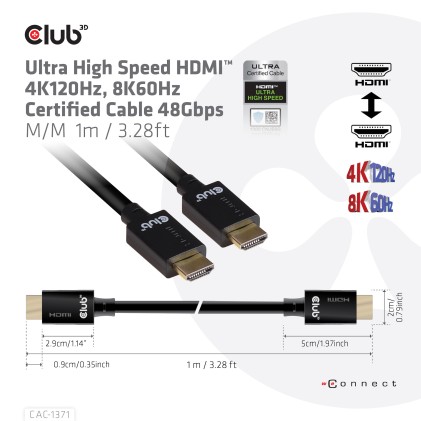 Club3D Hdmi 2.1 Male To Hdmi 2.1 Male Ultra High Speed 10K 120Hz  1M/ 3.28Ft