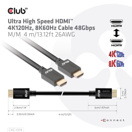 Club 3D Cavo Ultra Hight Speed Hdmi 4K120Hz, 8K60Hz 48Gbps M/M 4 Mt 13.12Ft 26Awg