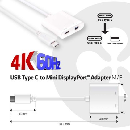 Club3D Adattatore Usb 3.1 Type C To Mdp 1.2+ Pd 60 W