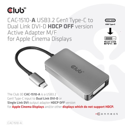 Club3D Usb Type C To Dvi I Dual Link Supports 4K30Hz Resolutions - Hdcp Off