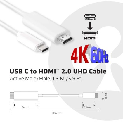 Club3D Usb Type C 3.1 Gen 1 To Hdmi 2.0 Cable 1.8 Meters/  5.9 Feet - Support 4K Uhd @ 60Hz