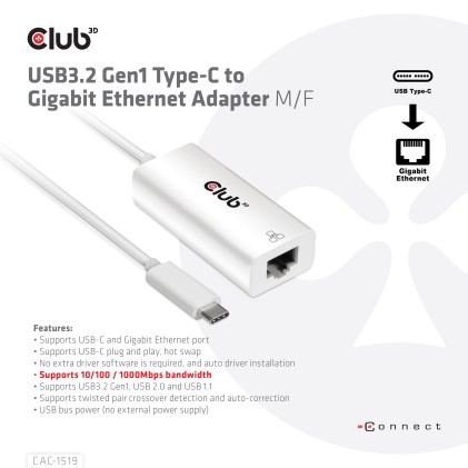 Club3D Usb Type C 3.1 Gen 1 Gen 1  Male  To 1Gb Ethernet Female Active Adapter