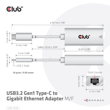 Club3D Usb Type C 3.1 Gen 1 Gen 1  Male  To 1Gb Ethernet Female Active Adapter