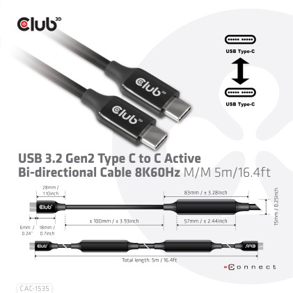 Club3D Cavo Usb Type C 3.2 Gen 2 M-M 5M/15Ft Supports Up To 10Gbps/8K 60Hz/60Watt