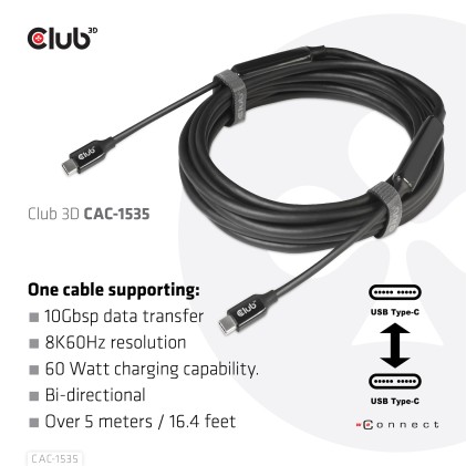 Club3D Cavo Usb Type C 3.2 Gen 2 M-M 5M/15Ft Supports Up To 10Gbps/8K 60Hz/60Watt