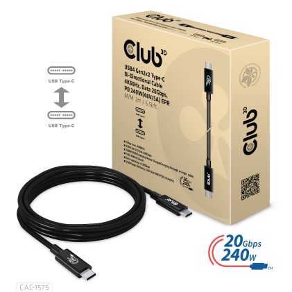 Club3D Usb4 Gen2X2 Type-C Bi-Directional Cable 4K60Hz,Data 20Gbps, Pd 240W(48V/5A) Epr M/M 2M/6.56Ft
