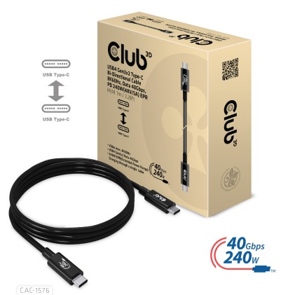 Club3D Usb4 Gen3X2 Type-C Bi-Directional Cable 8K60Hz,Data 40Gbps, Pd 240W(48V/5A) Epr M/M 1M / 3.28