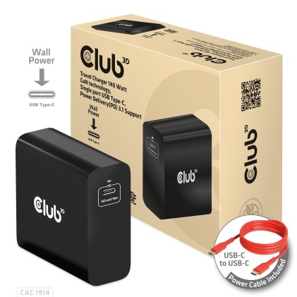 Club 3D Travel Charger 140 Watt Gan Technology Single Port Usb Type-C Power Delivery(Pd) 3.1 Support