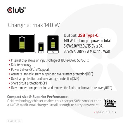 Club 3D Travel Charger 140 Watt Gan Technology Single Port Usb Type-C Power Delivery(Pd) 3.1 Support