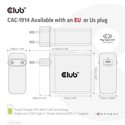 Club 3D Travel Charger 140 Watt Gan Technology Single Port Usb Type-C Power Delivery(Pd) 3.1 Support